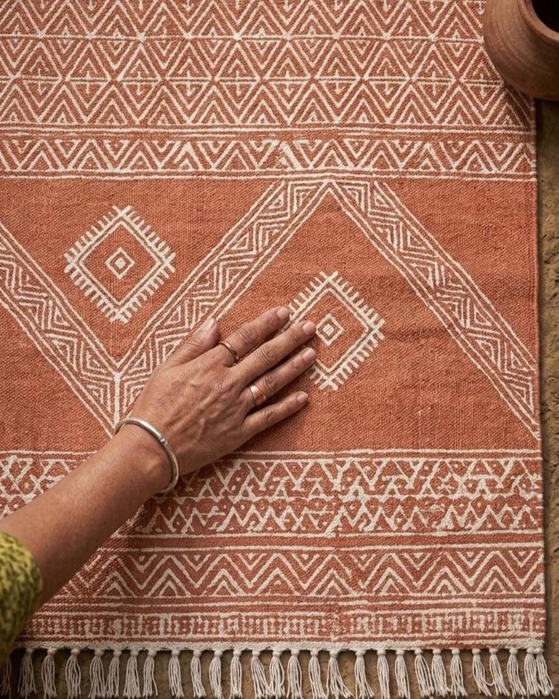 Indian Handmade Rug, Block printed Rug, Rust Cotton Rug, Bedroom Rug, Large Area Boho Rug, Hallway Rug, Custom Size Rug.