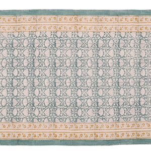 Handmade Block Print Cotton Rug Runner: 4x10 ft, Blue & Yellow