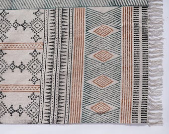 Handmade Block Print Cotton Rug: 4x4 or 5x5 Feet Square Flatweave Moroccan Rugs