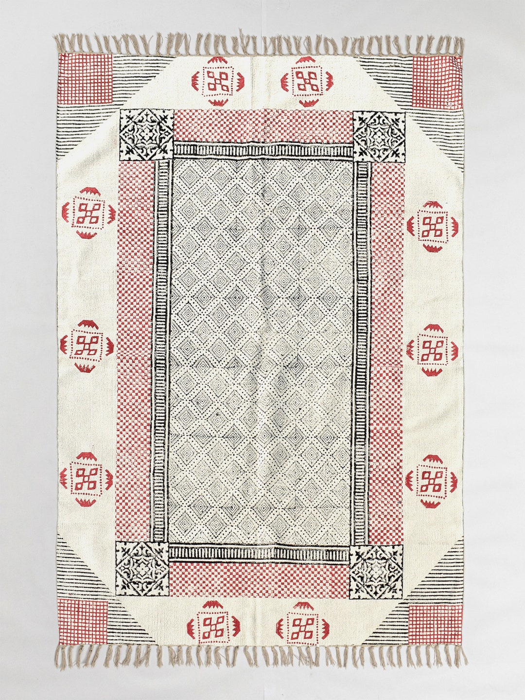 Moroccan Area Rugs Hand Block Printed Cotton Rug: Geometric Kilim Style ...