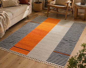 Handmade Block Print Cotton Rug, Boho Geometric Dhurrie, Blue Orange Area Rug