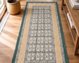 Cotton Dhurrie Rug, 8x10 Feet Handmade Indian Dhurrie Rug, Cotton Flatweave Area Rug Large, Bohemian Handblock Printed Living Room Bedroom
