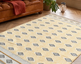 Hand Block Printed Cotton Rug, Yellow Gray Geometric Boho Tribal Tassel Area Rug