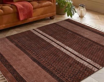 Hand Block Printed Cotton Dhurrie Rug, 4x6 Boho Geometric Indian Flatweave Area Rug