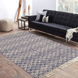 Handmade cotton rug Block print rug Large floor carpet Blue cotton rug Area rug Housewarming gift, 8x10 feet