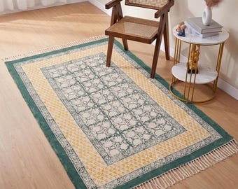 Sage Green Cotton Dhurrie Rug, Handmade Block Print Bohemian Flatweave Area Rug