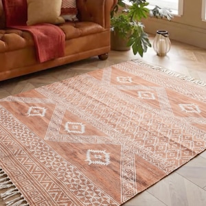 Indian Handmade Rug, Block printed Rug, Rust Cotton Rug, Bedroom Rug, Large Area Boho Rug, Hallway Rug, Custom Size Rug.