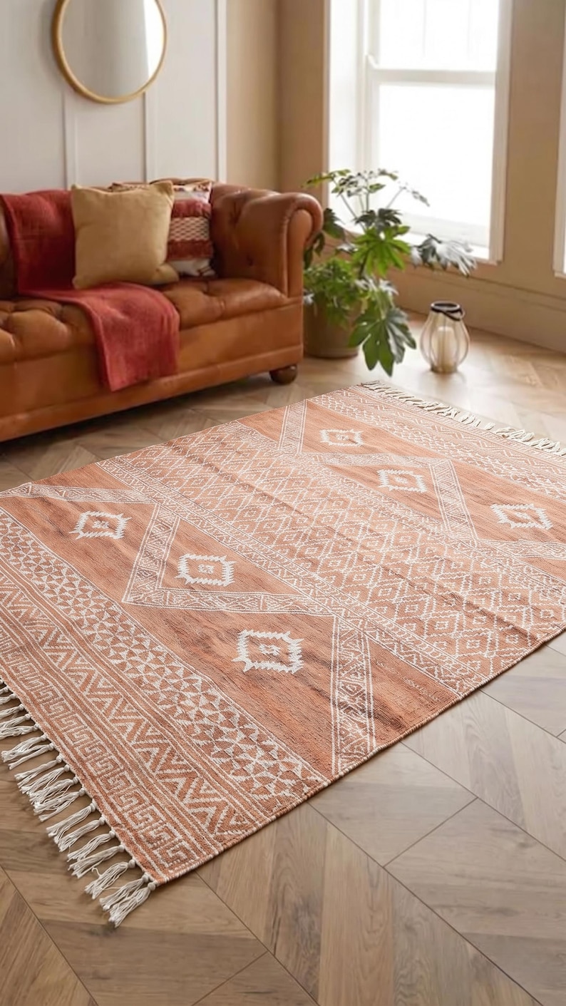 Indian Handmade Rug, Block printed Rug, Rust Cotton Rug, Bedroom Rug, Large Area Boho Rug, Hallway Rug, Custom Size Rug.