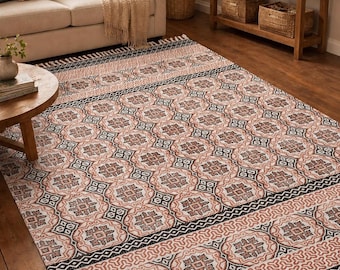 Hand Block Printed Cotton Rug, Terracotta Black Geometric Medallion Dhurrie