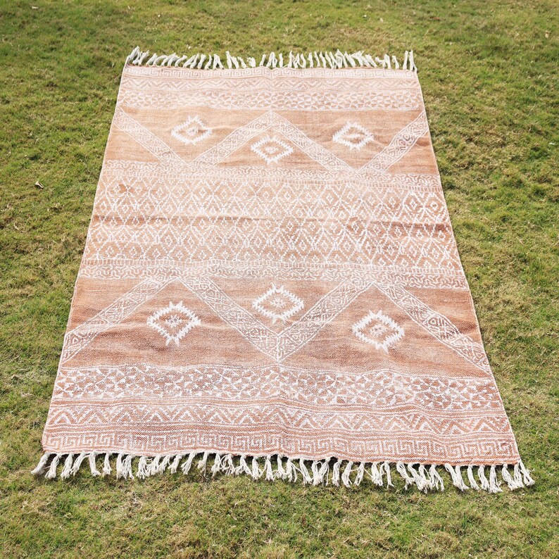 Indian Handmade Rug, Block printed Rug, Rust Cotton Rug, Bedroom Rug, Large Area Boho Rug, Hallway Rug, Custom Size Rug.