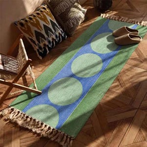 Hand Block Printed Geometric Cotton Rug – Green & Blue Circle Pattern Dhurrie | Modern Scandinavian Area Rug with Fringe