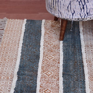Indian Cotton Block Print Rug Handmade Rug Cotton Dhurrie Rug Bohemian Decor Rug Navajo Area Rug Custom Size Rug Kitchen Rug Boho Yoga Rug