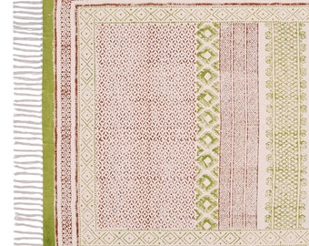 Handmade Block Print Cotton Rug: Bohemian Green & Yellow Decor 4x6 Feet