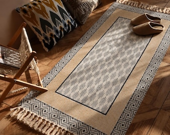 Hand Block Printed Cotton Area Rug – Geometric Mustard Black Tassels (5x7 ft)