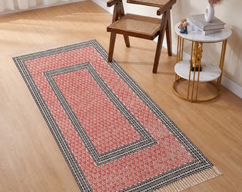 Handbedruckter Baumwollteppich, indischer Webteppich, Boho-Blumenmuster, handgefertigter Bodenteppich für Wohnzimmer und Schlafzimmer