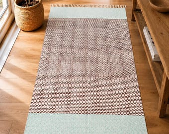 Handbedruckter Baumwollteppich (274 x 366 cm), großer Boho-Teppich, handgefertigter Dhurrie-Teppich, geometrischer Kelim-Teppich