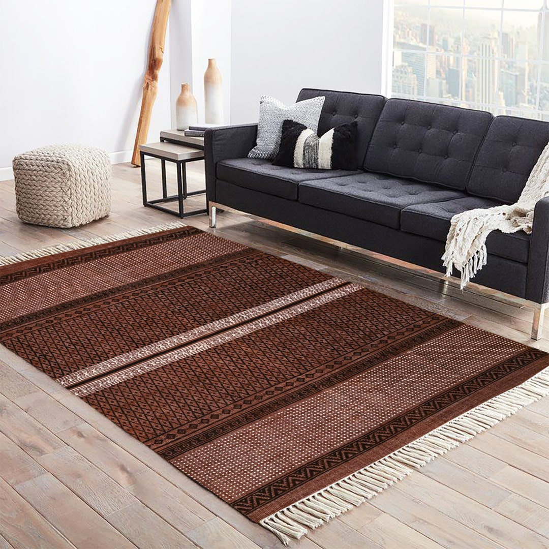 Hand Block Print Cotton Rug: Bohemian Kilim, 6x8 Feet Moroccan Area ...