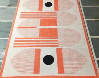 Handmade Cotton Block Print Rug: Orange & Black Geometric Design Moroccan Rugs