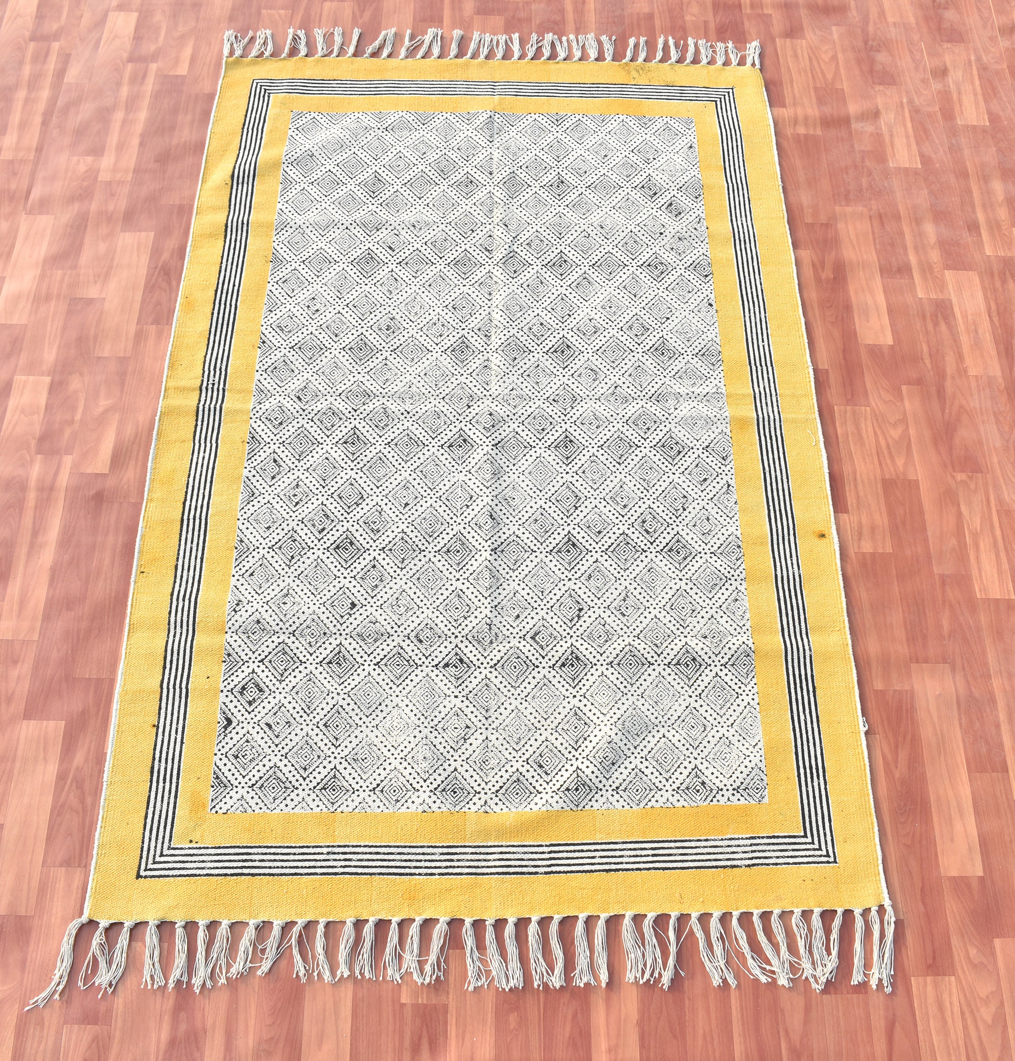 8x10 Feet Block Print Cotton Rug: Yellow & Gray Indian Decor Area Rug ...