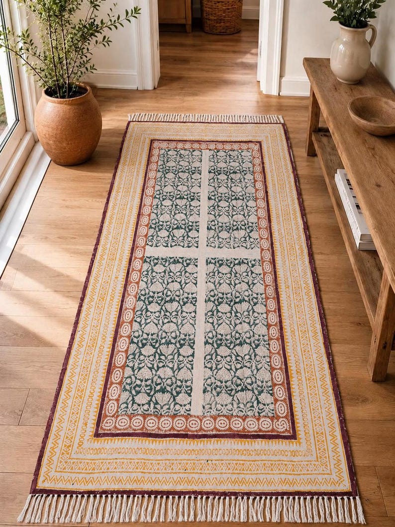Block Pattern Area Rug Hand Block Printed Cotton Dhurrie Rug, Handmade Floral Area Rug, Indian ...
