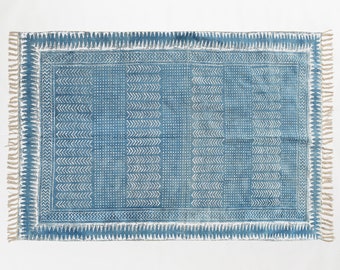 Boho Blue Geometric Dhurrie Rug | Handmade Cotton Kilim Carpet, Modern Farmhouse Style