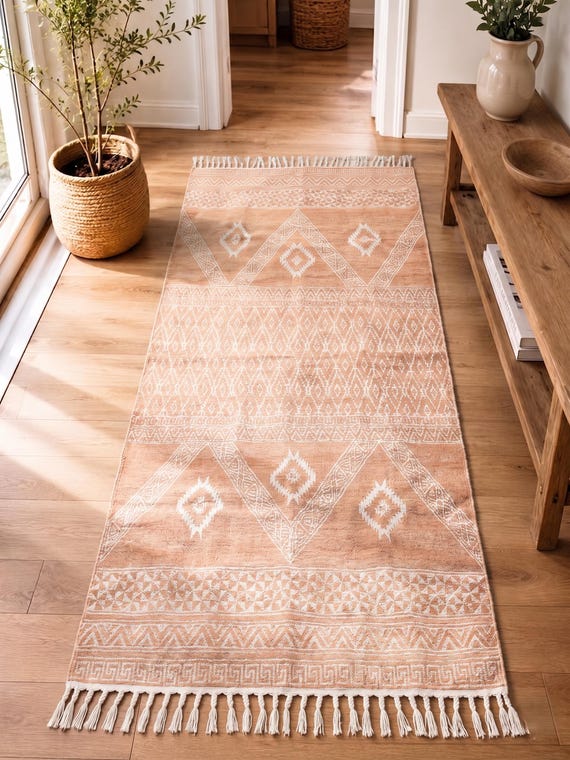 Hand Block Printed 8x10 Rug, Terracotta Ivory Area Rug, Boho Geometric Rug, Indian Handmade Rug, Traditional Living Room Decor