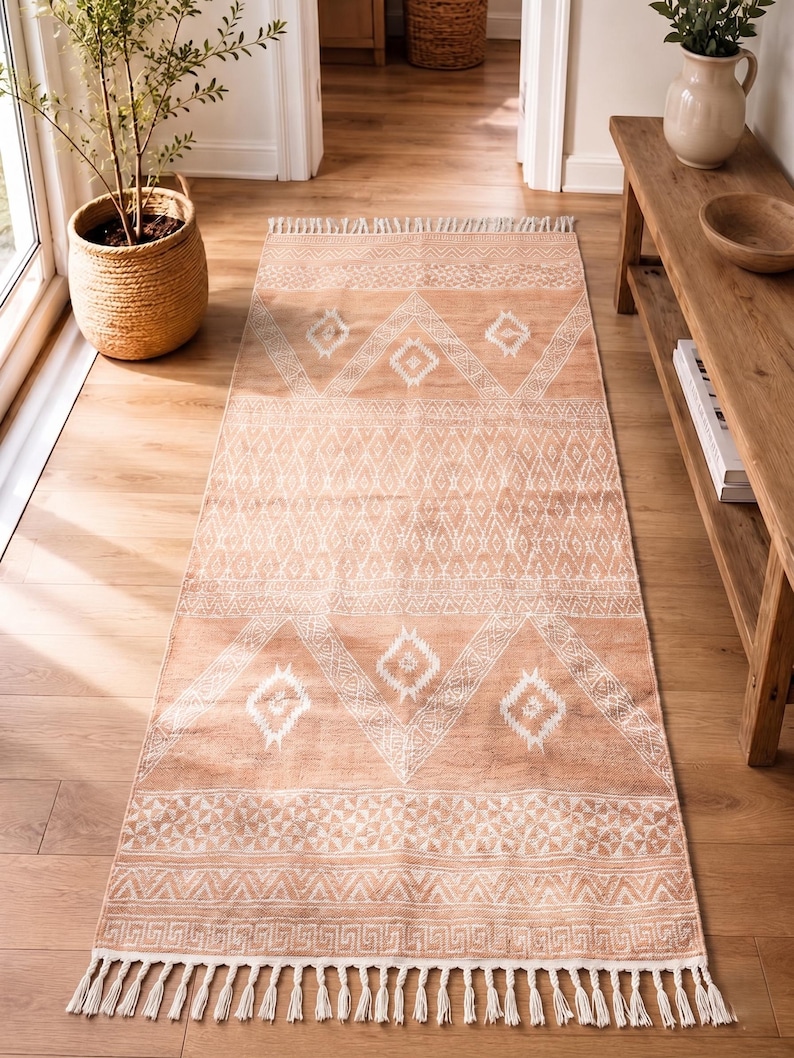 Indian Handmade Rug, Block printed Rug, Rust Cotton Rug, Bedroom Rug, Large Area Boho Rug, Hallway Rug, Custom Size Rug.