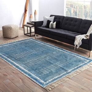 12x18 Feet, Handmade cotton dhurrie Indigo blue color rug Geometric kilim rug Outdoor garden rug Kitchen area rug Large Carpet, area rug