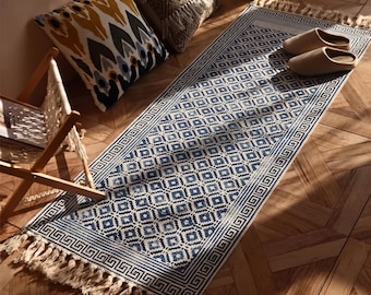Hand Block Print Indian Cotton Rug, Handmade Vintage Style Area Rug, Boho Home Decor, Natural Cotton Rug