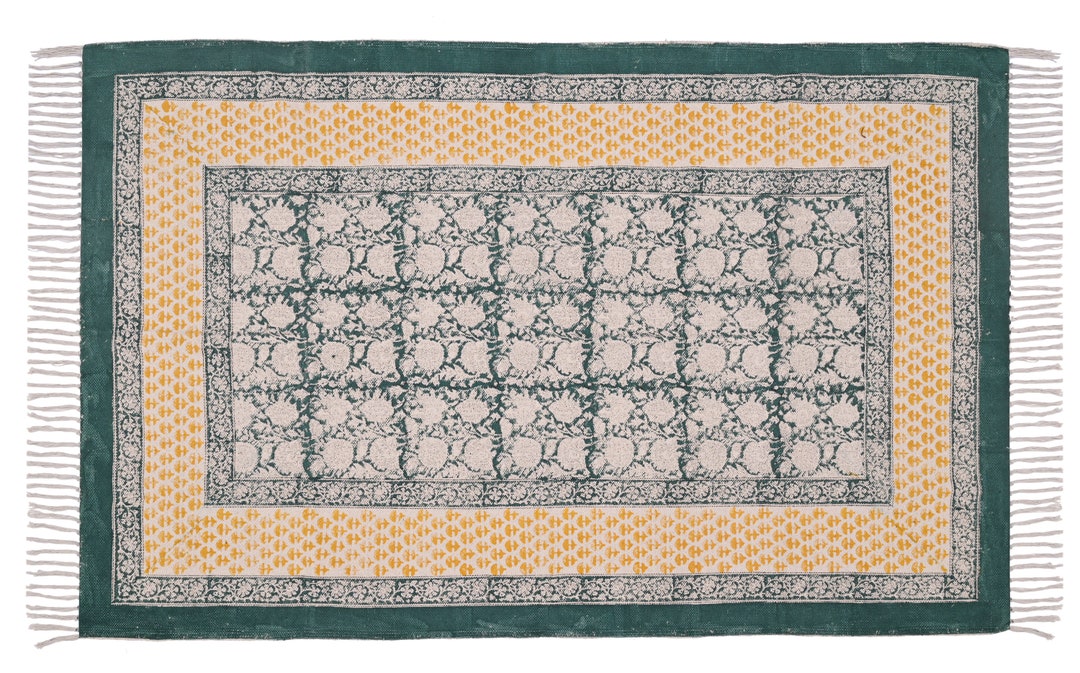 4x6 Feet Indian Cotton Rug: Floral Block Print Rugs, Green & Yellow Rug ...