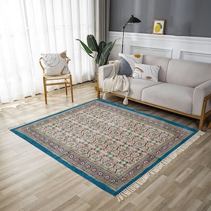 Handmade Block Print Cotton Rug: 10x14 ft, Floral Dhurrie