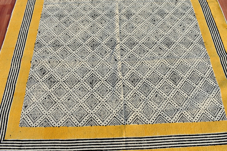 8x10 Feet Block Print Cotton Rug: Yellow & Gray Indian Decor Area Rug ...