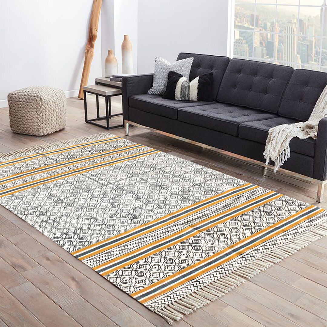 Handmade Block Print Cotton Rug: Yellow & Navy Geometric Area Rug - Etsy