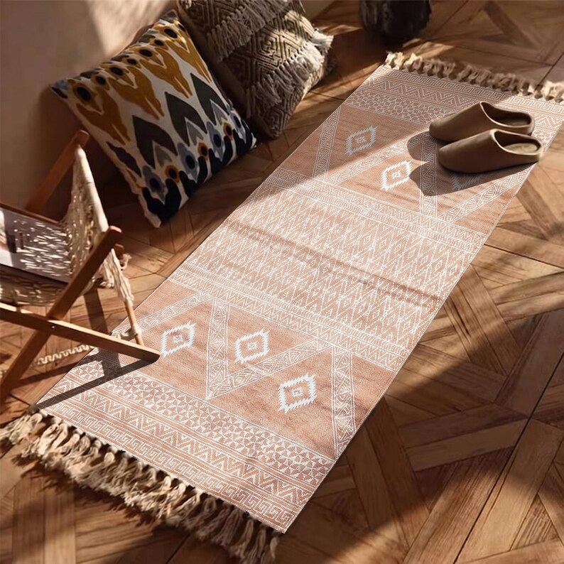 Indian Handmade Rug, Block printed Rug, Rust Cotton Rug, Bedroom Rug, Large Area Boho Rug, Hallway Rug, Custom Size Rug.