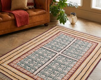 Hand Block Print Cotton Rug 9x12 Boho – Flatweave Dhurrie Area Rug, Natural Dye Indian Kilim for Living Room Bedroom Dining Patio
