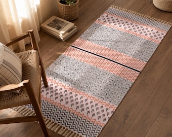 Handbedruckter Baumwollteppich (150 x 240 cm), Boho-Stil, indischer Dhurrie-Teppich, Landhaus-Flachgewebe