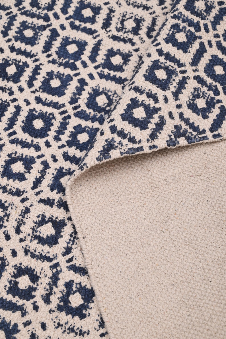 Blue Hand Block Print Cotton Dhurrie Rug: Indian Geometric Area Rug 3x5 ...