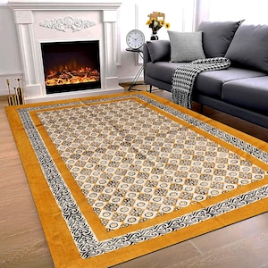 Handmade Organic Cotton Rug: Bohemian Block Print Area Rug