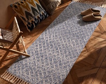 Handmade Indian Block Print Cotton Rug, Navy Blue , Off-White Geometric Dhurrie, Fringed Flatweave Area Rug for Living Room & Bedroom