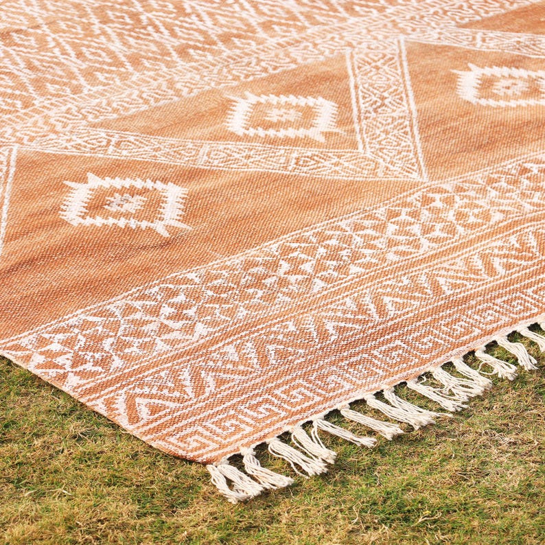 Indian Handmade Rug, Block printed Rug, Rust Cotton Rug, Bedroom Rug, Large Area Boho Rug, Hallway Rug, Custom Size Rug.
