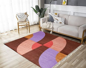 Hand Block Print Cotton Rug: Indian Dhurrie, Moroccan Kilim Style Carpet