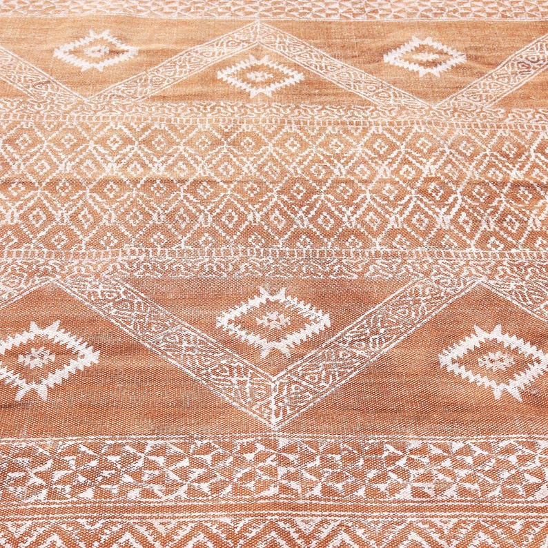 Indian Handmade Rug, Block printed Rug, Rust Cotton Rug, Bedroom Rug, Large Area Boho Rug, Hallway Rug, Custom Size Rug.