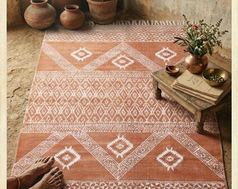 Hand-Printed Dhurrie - Beach House Decor - Rust Geometric Tassel Rug - Soft Area Rug,Ethically Made Geometric Rug - 6x9, 5x8 Area Rug.