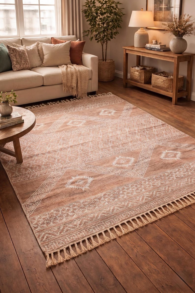 Indian Handmade Rug, Block printed Rug, Rust Cotton Rug, Bedroom Rug, Large Area Boho Rug, Hallway Rug, Custom Size Rug.