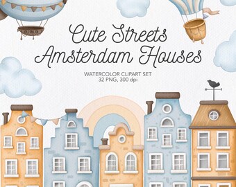 Amsterdam Houses Watercolor Clipart | Dutch Nursery Art (Digital Download)