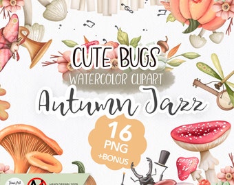 Autumn Watercolor Clipart: Pumpkins, Mushrooms, Bugs (PNG Digital Print)