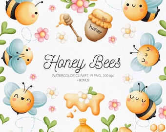 Watercolor Baby Bee Clipart, Kawaii Nursery Decor (PNG)