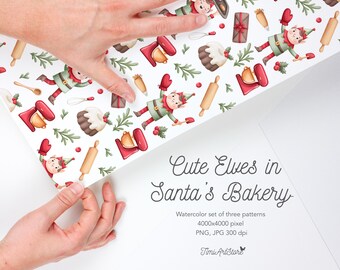 Christmas Elves Seamless Pattern,Santa's Bakery Fabric File (4000px)