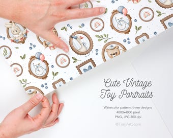 Vintage Toy Portrait Seamless Pattern | Watercolor Animals (Digital Paper)