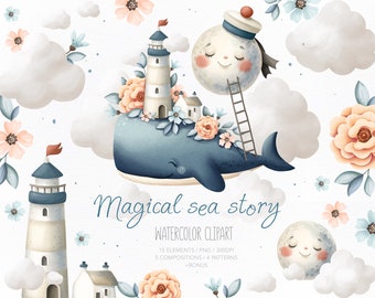 Whale & Moon Watercolor Clipart, Nursery Art (PNG)